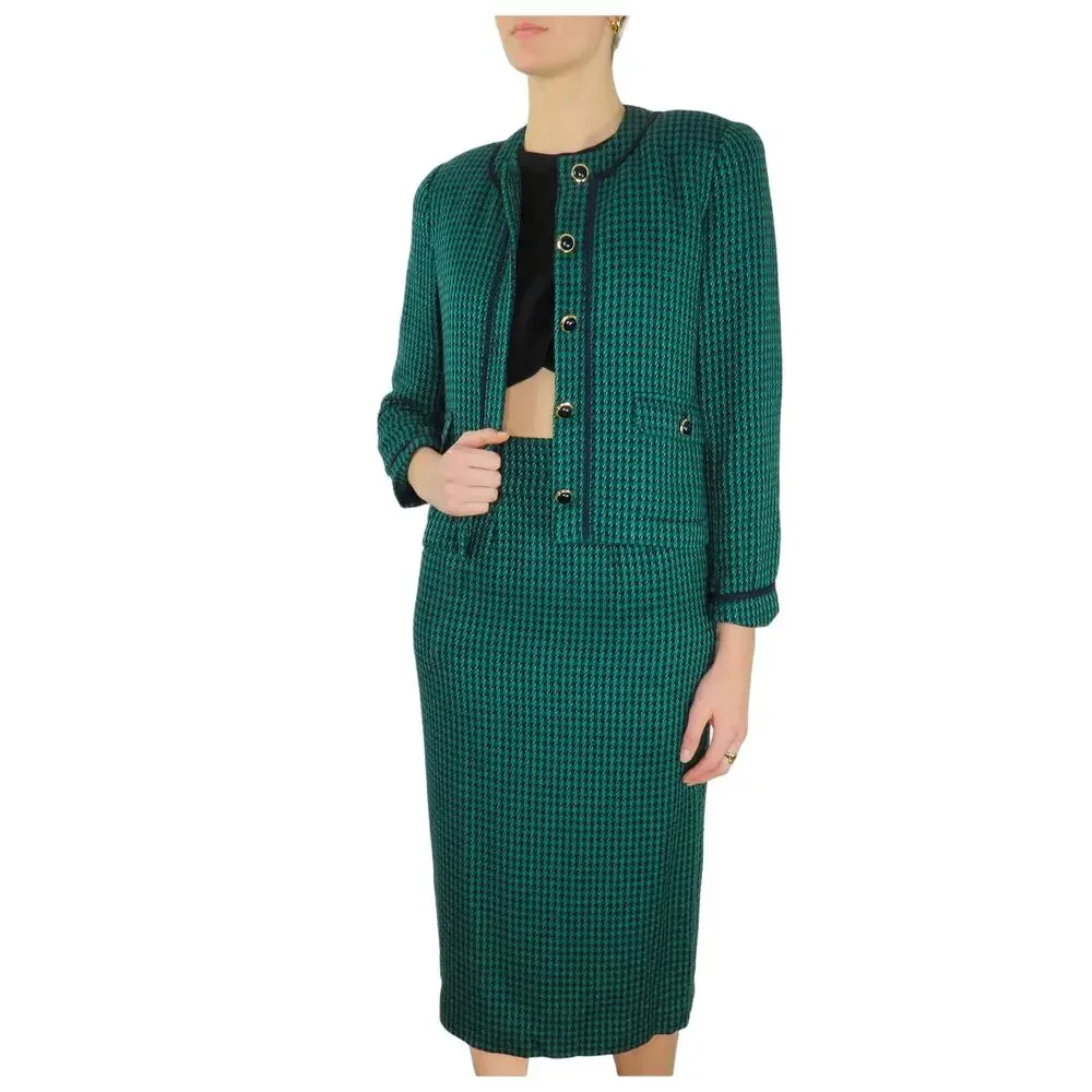 Gianni Vintage Emerald Green Plaid Tweed Skirt Suit Blazer Pencil Skirt Small